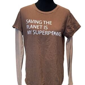Hand Printed Upcycled Mens XL Saving the Planet Superpower Long Layered Tee
